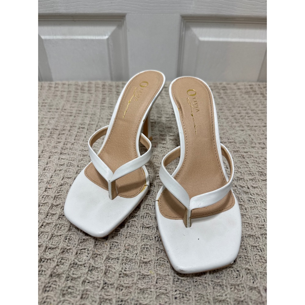 Olivia Jaymes Thong Heel Sandal White Square Toe Stiletto Mules Size 5.5 - Picture 2 of 8